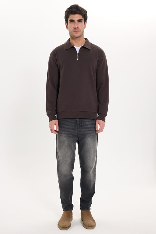 Erkek Relax Fit Rahat Kesim Pamuklu 3 İplik Fermuarlı Polo Yaka Kahverengi Sweatshirt