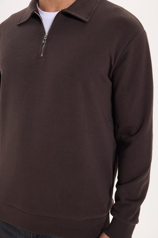 Erkek Relax Fit Rahat Kesim Pamuklu 3 İplik Fermuarlı Polo Yaka Kahverengi Sweatshirt