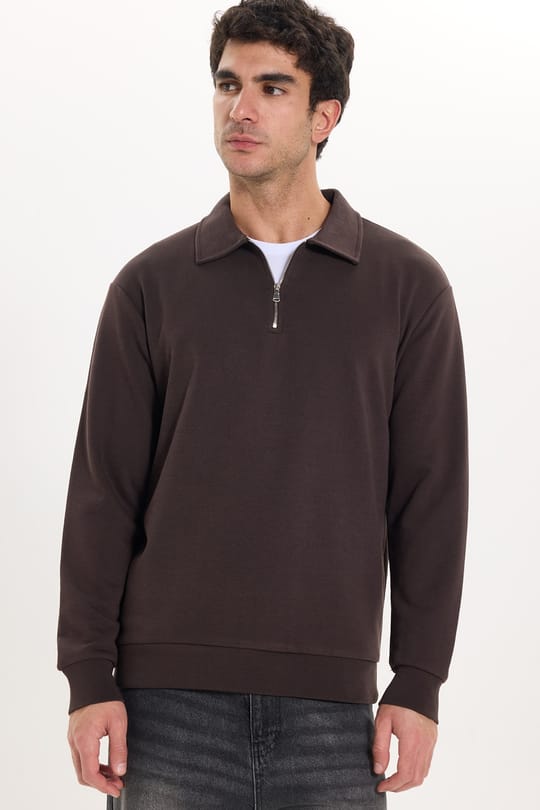 Erkek Relax Fit Rahat Kesim Pamuklu 3 İplik Fermuarlı Polo Yaka Kahverengi Sweatshirt