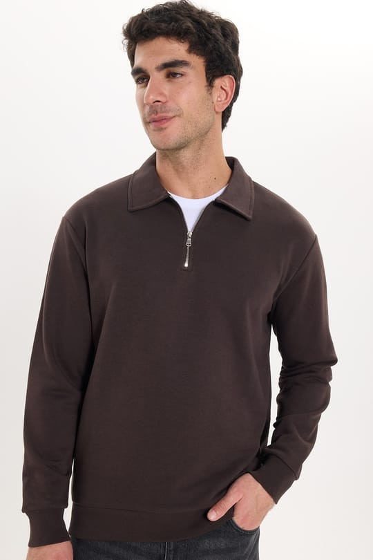 Erkek Relax Fit Rahat Kesim Pamuklu 3 İplik Fermuarlı Polo Yaka Kahverengi Sweatshirt