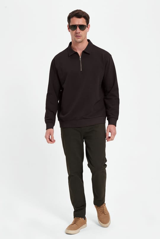 Erkek Relax Fit Rahat Kesim Pamuklu 3 İplik Fermuarlı Polo Yaka Kahverengi Sweatshirt