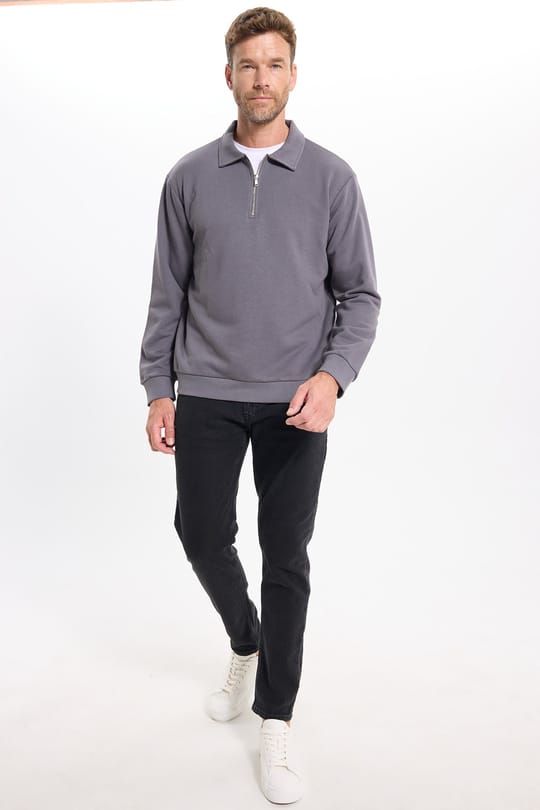 Erkek Relax Fit Rahat Kesim Pamuklu 3 İplik Fermuarlı Polo Yaka Koyu Gri Sweatshirt