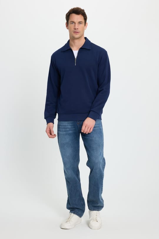 Erkek Relax Fit Rahat Kesim Pamuklu 3 İplik Fermuarlı Polo Yaka Lacivert Sweatshirt