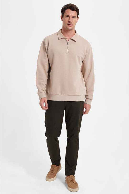 Erkek Relax Fit Rahat Kesim Pamuklu 3 İplik Fermuarlı Polo Yaka Taş Sweatshirt