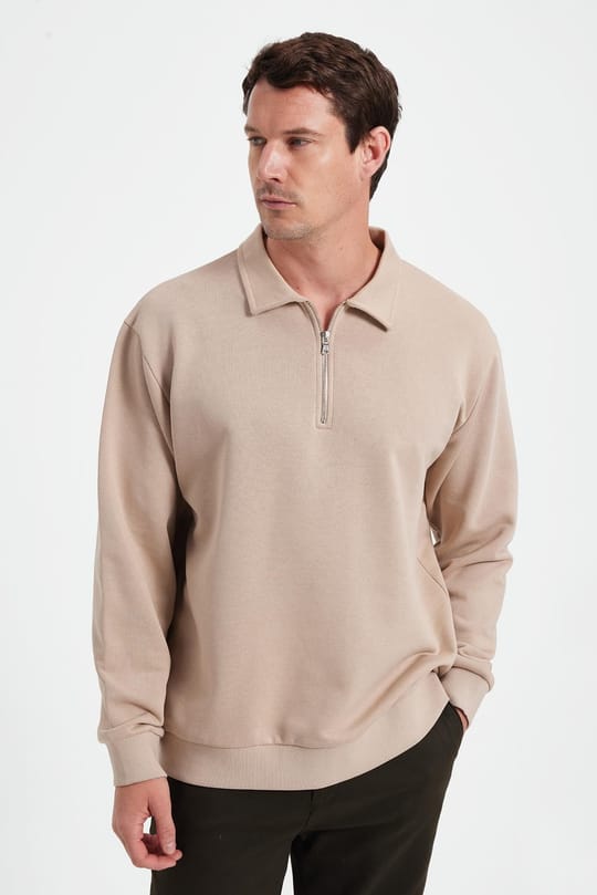 Erkek Relax Fit Rahat Kesim Pamuklu 3 İplik Fermuarlı Polo Yaka Taş Sweatshirt