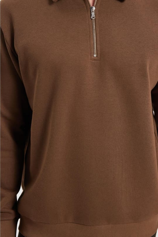 Erkek Relax Fit Rahat Kesim Pamuklu 3 İplik Fermuarlı Polo Yaka Koyu Vizon Sweatshirt
