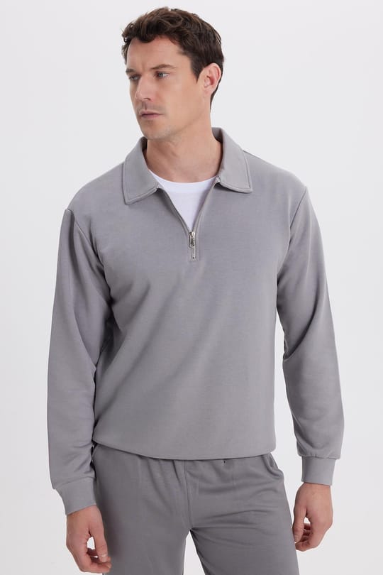 Erkek Relax Fit Rahat Kesim Pamuklu 3 İplik Fermuarlı Polo Yaka Gri Sweatshirt