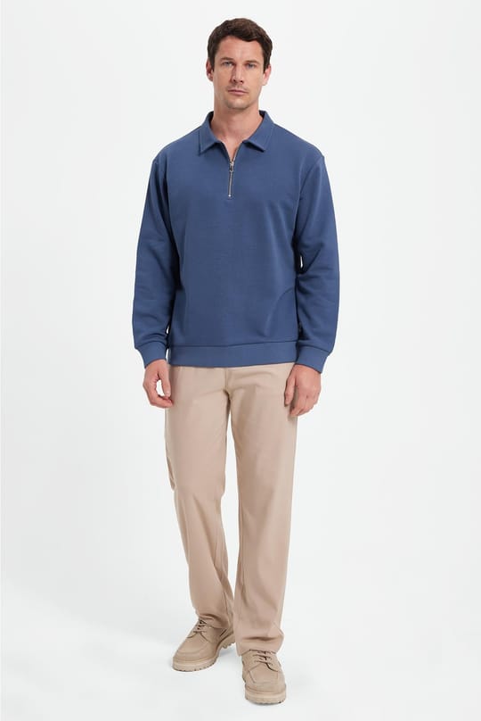 Erkek Relax Fit Rahat Kesim Pamuklu 3 İplik Fermuarlı Polo Yaka Koyu Mavi Sweatshirt