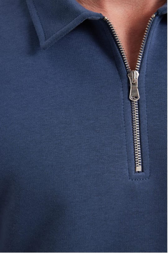Erkek Relax Fit Rahat Kesim Pamuklu 3 İplik Fermuarlı Polo Yaka Koyu Mavi Sweatshirt