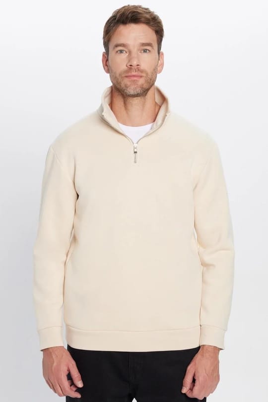 Unisex 3lü Paket Yeşil-Ekru-Lacivert Relax Fit Pamuklu Yarım Fermuarlı Dik Yaka Sweatshirt