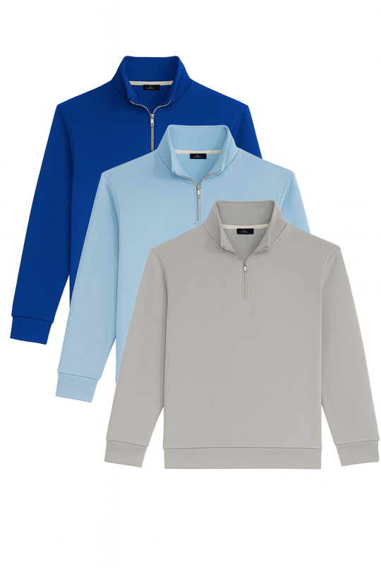 Unisex 3lü Paket Taş-Mavi-Saks Mavi Relax Fit Pamuklu Yarım Fermuarlı Dik Yaka Sweatshirt