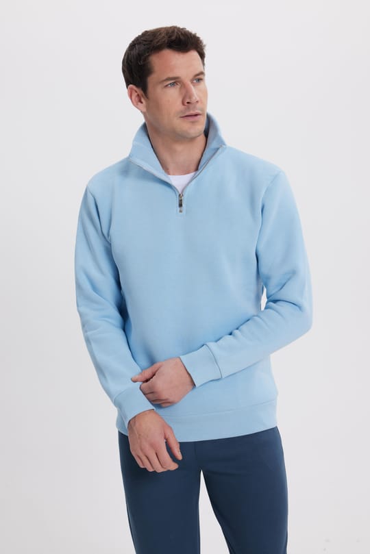 Unisex 3lü Paket Taş-Mavi-Saks Mavi Relax Fit Pamuklu Yarım Fermuarlı Dik Yaka Sweatshirt