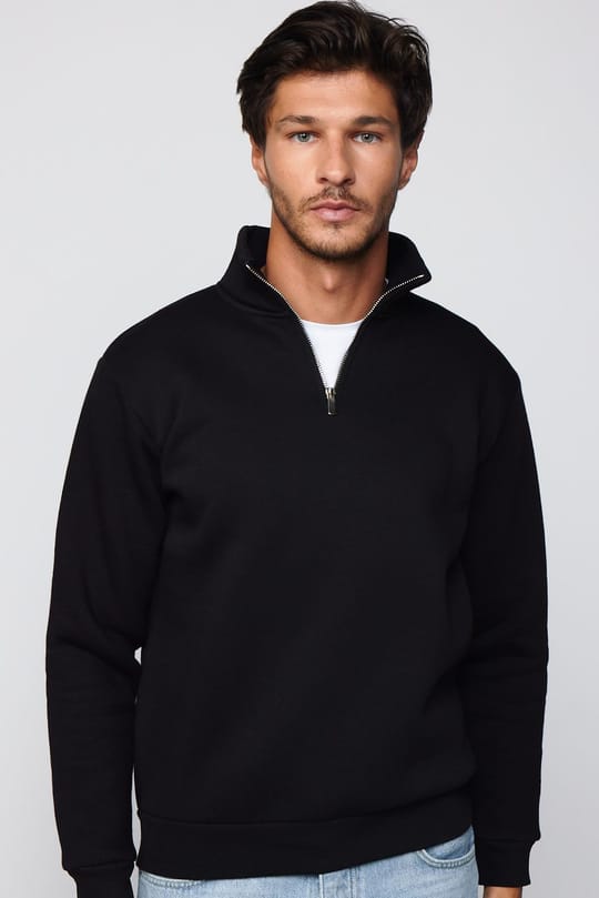 Unisex 3lü Paket Siyah-Sax Mavi-Yeşil Relax Fit Pamuklu Yarım Fermuarlı Dik Yaka Sweatshirt