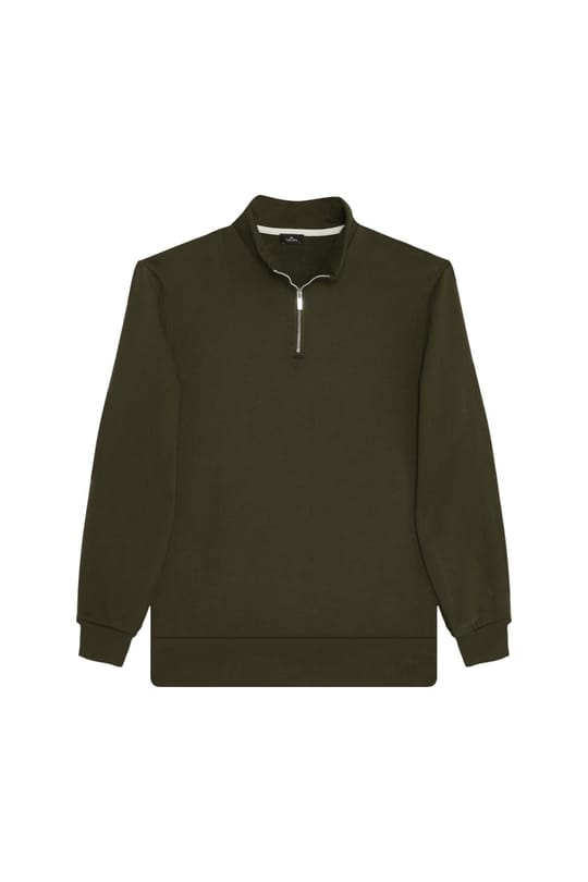 Unisex 3lü Paket Lacivert-Kahverengi-Yeşil Relax Fit Pamuklu Yarım Fermuarlı Dik Yaka Sweatshirt