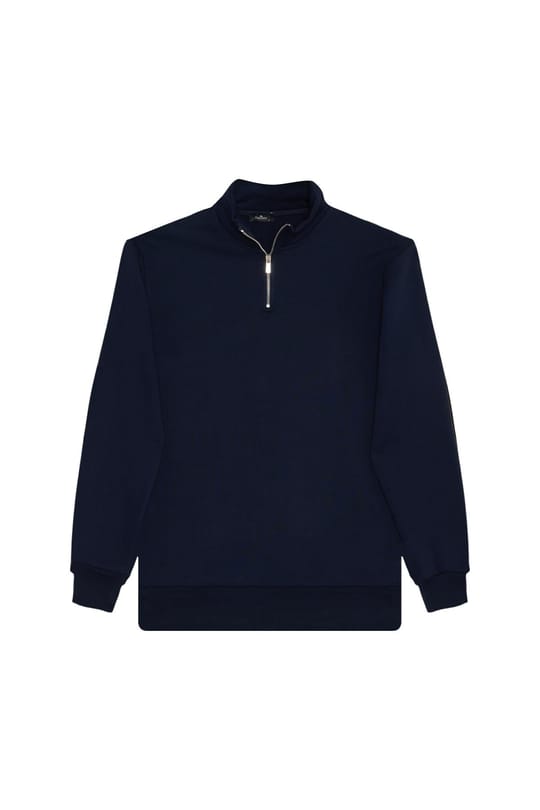 Unisex 3lü Paket Lacivert-İndigo-Gri Relax Fit Pamuklu Yarım Fermuarlı Dik Yaka Sweatshirt