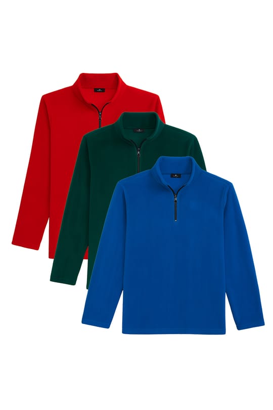Unisex 3lü Paket Mavi-Yeşil-Kırmızı Standart Fit Tüylenme Yapmayan Soğuk Geçirmez Polar Sweatshirt