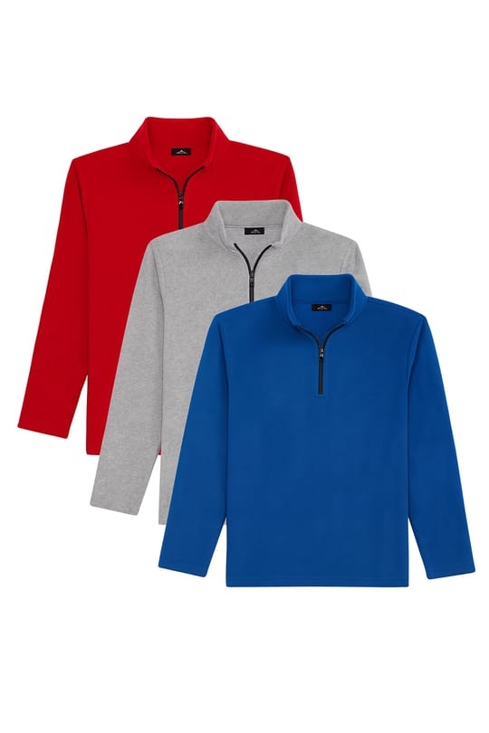 Unisex 3lü Paket Mavi-Gri-Kırmızı Standart Fit Soğuğa Karşı Dayanıklı Polar Sweatshirt