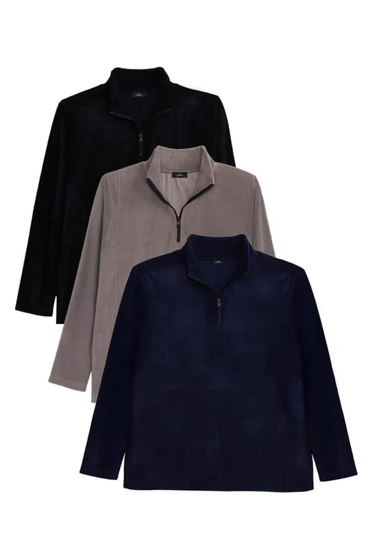 Unisex 3lü Paket Lacivert-Gri-Siyah Standart Fit Tüylenme Yapmayan Soğuk Geçirmez Polar Sweatshirt