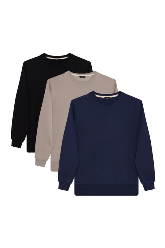 Unisex 3lü Paket Siyah-Gri-Lacivert Relax Fit Pamuklu 3 İplik İçi Polarlı Bisiklet Yaka Sweatshirt