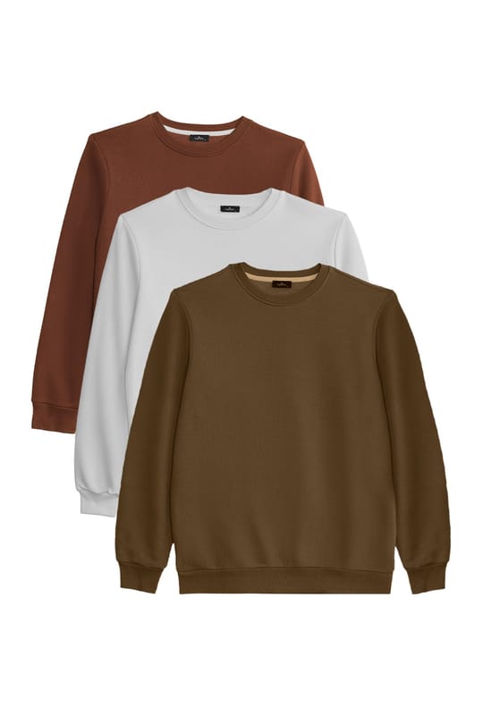 Unisex 3lü Paket Beyaz-Kahverengi-Yeşil Relax Fit Pamuklu 3 İplik İçi Polarlı Bisiklet Yaka Sweatshirt