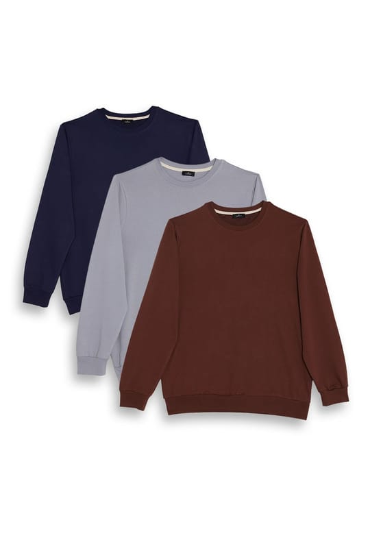 Erkek 3lü Lacivert-Gri-Kahverengi Relax Fit Rahat Kesim %100 Pamuk 2 İplik Bisiklet Yaka Sweatshirt