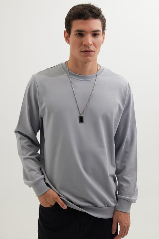 Erkek 3lü Lacivert-Gri-Kahverengi Relax Fit Rahat Kesim %100 Pamuk 2 İplik Bisiklet Yaka Sweatshirt