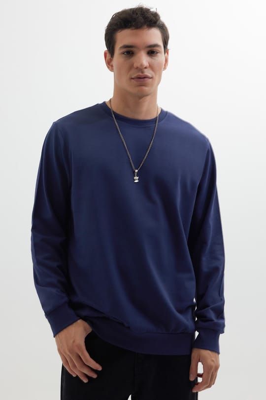 Erkek 3lü Lacivert-Gri-Kahverengi Relax Fit Rahat Kesim %100 Pamuk 2 İplik Bisiklet Yaka Sweatshirt
