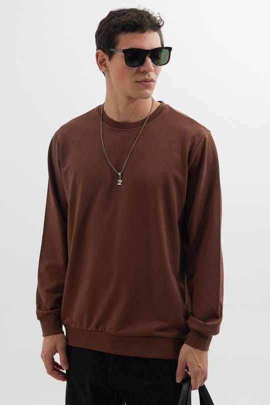Erkek 3lü Lacivert-Gri-Kahverengi Relax Fit Rahat Kesim %100 Pamuk 2 İplik Bisiklet Yaka Sweatshirt