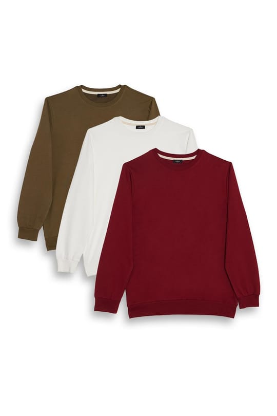 Erkek 3'lü Haki-Beyaz-Bordo Relax Fit Rahat Kesim %100 Pamuk 2 İplik Bisiklet Yaka Sweatshirt