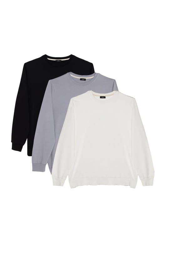 Erkek 3lü Siyah-Beyaz-Açık Gri Relax Fit Rahat Kesim %100 Pamuk 2 İplik Bisiklet Yaka Sweatshirt