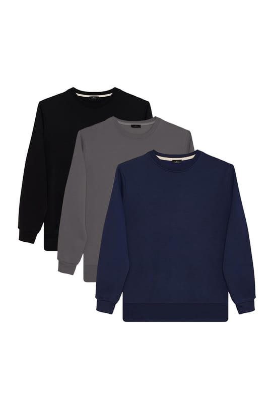 Erkek 3lü Siyah-Lacivert-Koyu Gri Relax Fit Rahat Kesim %100 Pamuk 2 İplik Bisiklet Yaka Sweatshirt