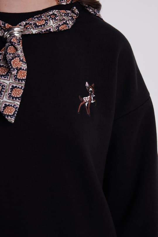 Kadın Oversize Geniş Kesim Pamuklu Fular Detaylı Bisiklet Yaka Siyah Sweatshirt
