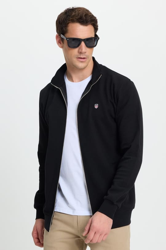 Erkek Slim Fit Dar Kesim Pamuklu Tam Fermuarlı Çift Cepli Dik Yaka Siyah Sweatshirt Hırka