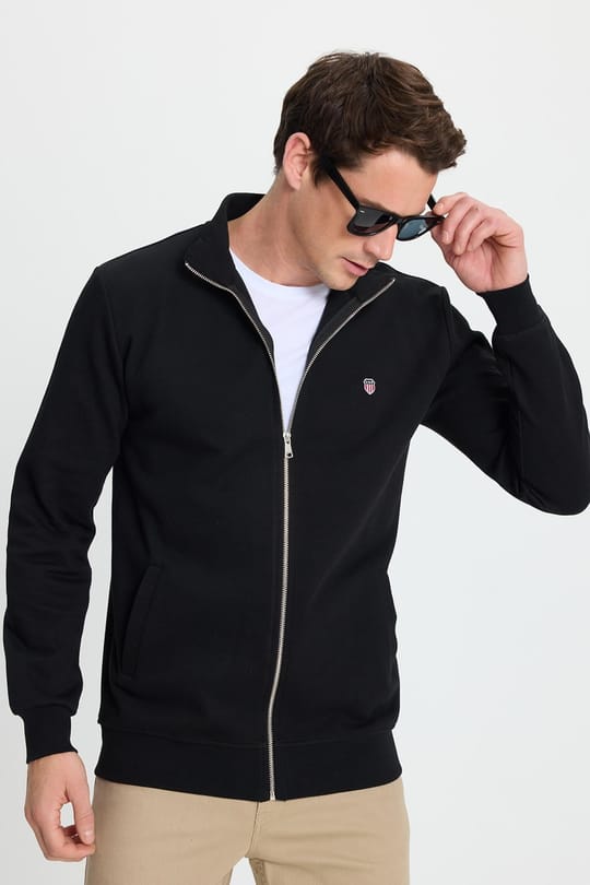 Erkek Slim Fit Dar Kesim Pamuklu Tam Fermuarlı Çift Cepli Dik Yaka Siyah Sweatshirt Hırka