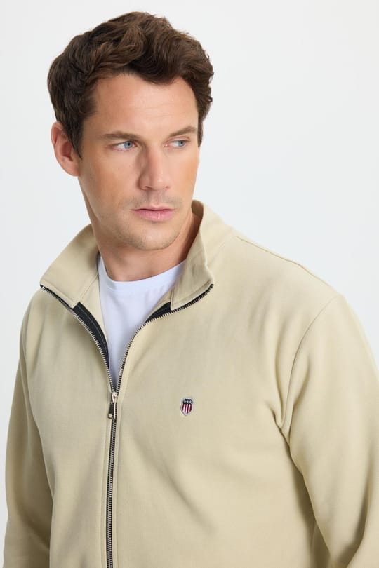Erkek Slim Fit Dar Kesim Pamuklu Tam Fermuarlı Çift Cepli Dik Yaka Krem Sweatshirt Hırka