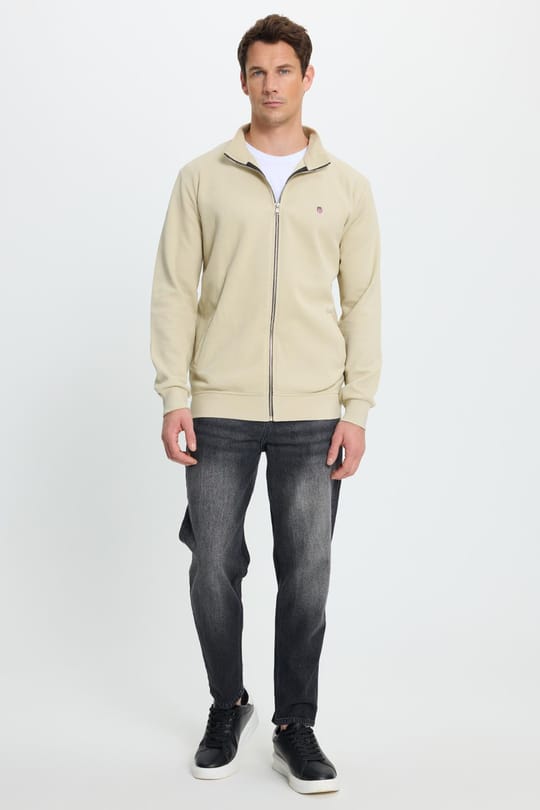 Erkek Slim Fit Dar Kesim Pamuklu Tam Fermuarlı Çift Cepli Dik Yaka Krem Sweatshirt Hırka