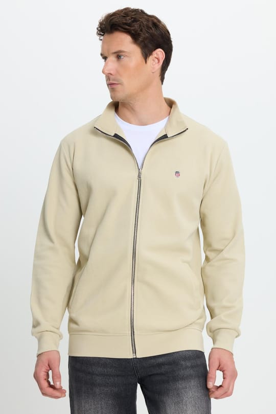 Erkek Slim Fit Dar Kesim Pamuklu Tam Fermuarlı Çift Cepli Dik Yaka Krem Sweatshirt Hırka