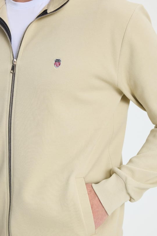 Erkek Slim Fit Dar Kesim Pamuklu Tam Fermuarlı Çift Cepli Dik Yaka Krem Sweatshirt Hırka