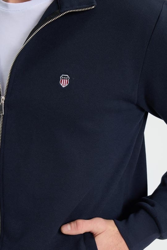 Erkek Slim Fit Dar Kesim Pamuklu Tam Fermuarlı Çift Cepli Dik Yaka Lacivert Sweatshirt Hırka