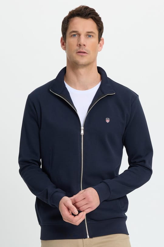 Erkek Slim Fit Dar Kesim Pamuklu Tam Fermuarlı Çift Cepli Dik Yaka Lacivert Sweatshirt Hırka