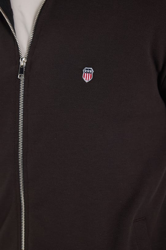 Erkek Slim Fit Dar Kesim Pamuklu Tam Fermuarlı Çift Cepli Dik Yaka Koyu Kahverengi Sweatshirt Hırka