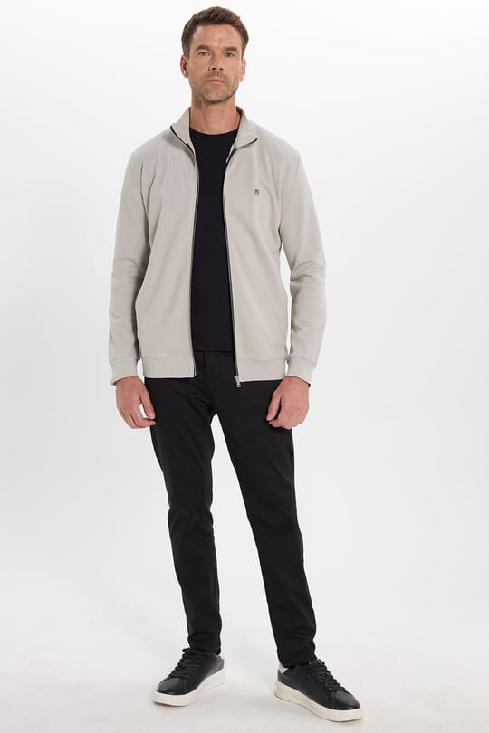 Erkek Slim Fit Dar Kesim Pamuklu Tam Fermuarlı Çift Cepli Dik Yaka Taş Rengi Sweatshirt Hırka