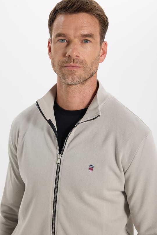 Erkek Slim Fit Dar Kesim Pamuklu Tam Fermuarlı Çift Cepli Dik Yaka Taş Rengi Sweatshirt Hırka
