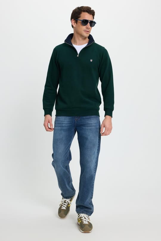 Erkek Slim Fit Dar Kesim Pamuklu Selanik Kumaş Dik Yaka Yeşil Sweatshirt