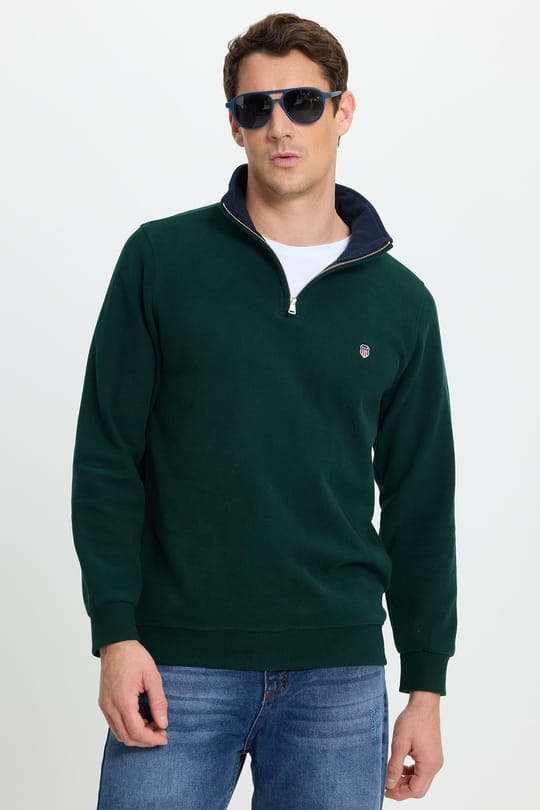 Erkek Slim Fit Dar Kesim Pamuklu Selanik Kumaş Dik Yaka Yeşil Sweatshirt