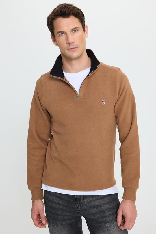 Erkek Slim Fit Dar Kesim Pamuklu Selanik Kumaş Dik Yaka Kiremit Sweatshirt