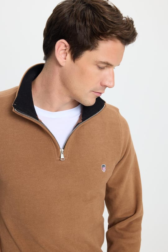 Erkek Slim Fit Dar Kesim Pamuklu Selanik Kumaş Dik Yaka Kiremit Sweatshirt