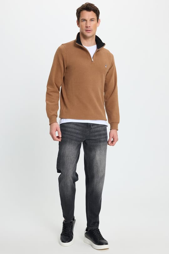 Erkek Slim Fit Dar Kesim Pamuklu Selanik Kumaş Dik Yaka Kiremit Sweatshirt