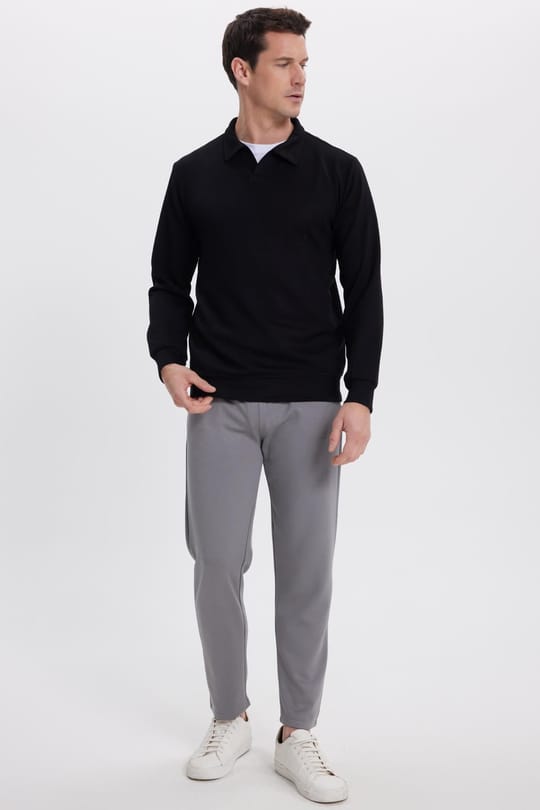 Erkek Relax Fit Rahat Kesim Polo V Yaka Siyah Sweatshirt