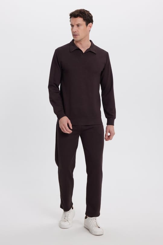 Erkek Relax Fit Rahat Kesim Polo V Yaka Kahverengi Sweatshirt